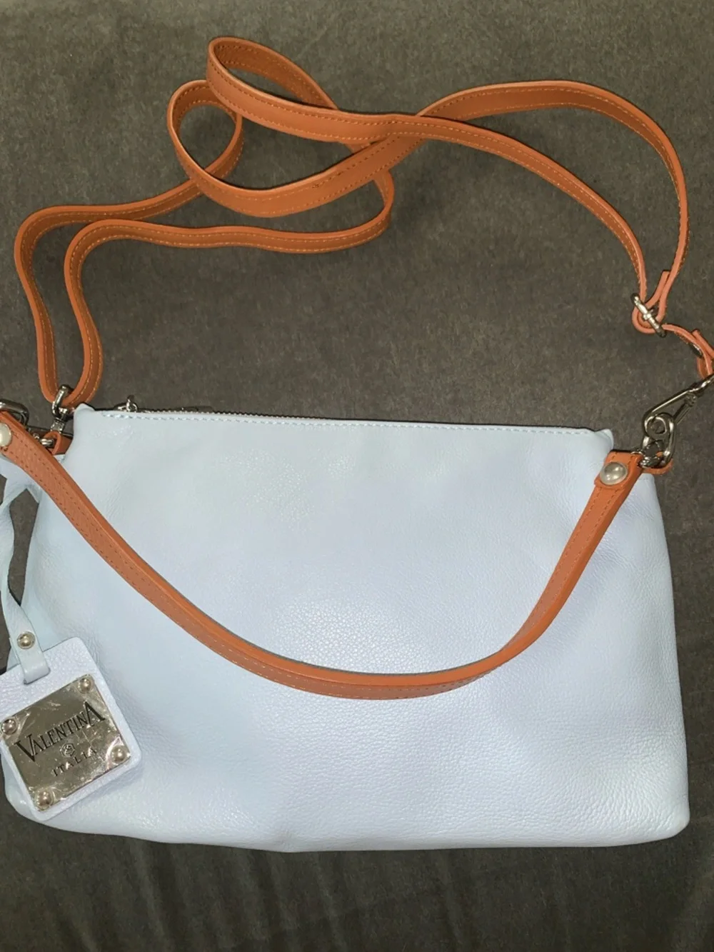 Valentina Light Blue Leather Crossbody with Tan Straps - Picture 1 of 7